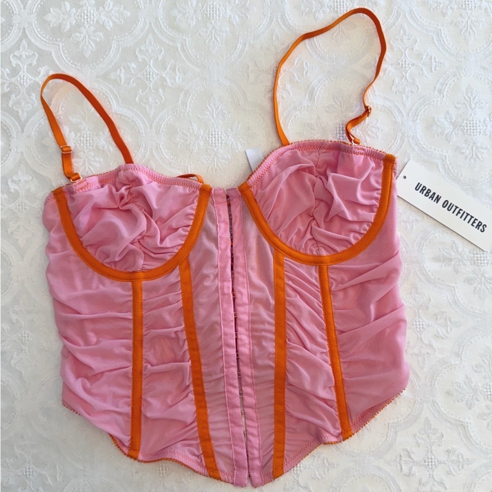 Urban Outfitters Pink Orange Ruched Mesh Corset Top Y2K Large